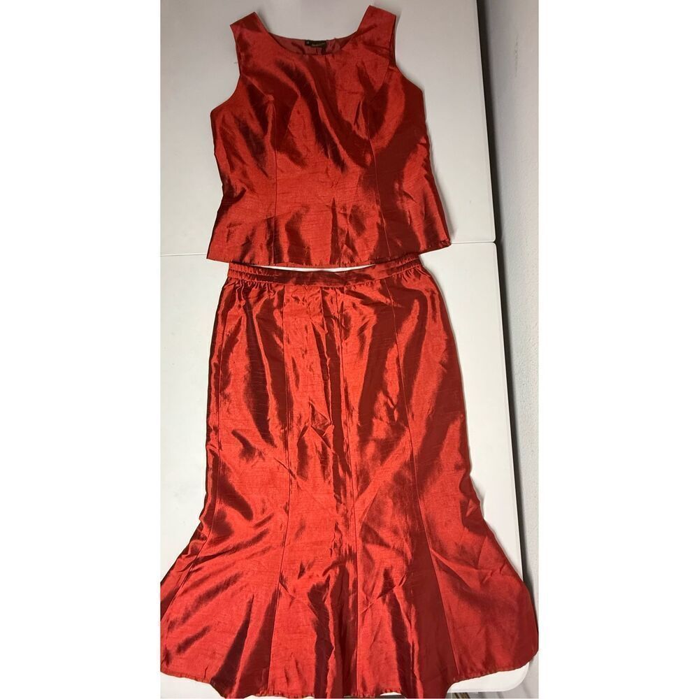 Women’s 2 Pcs Evening Satin Set Dark Brick Red Size 14 Lined